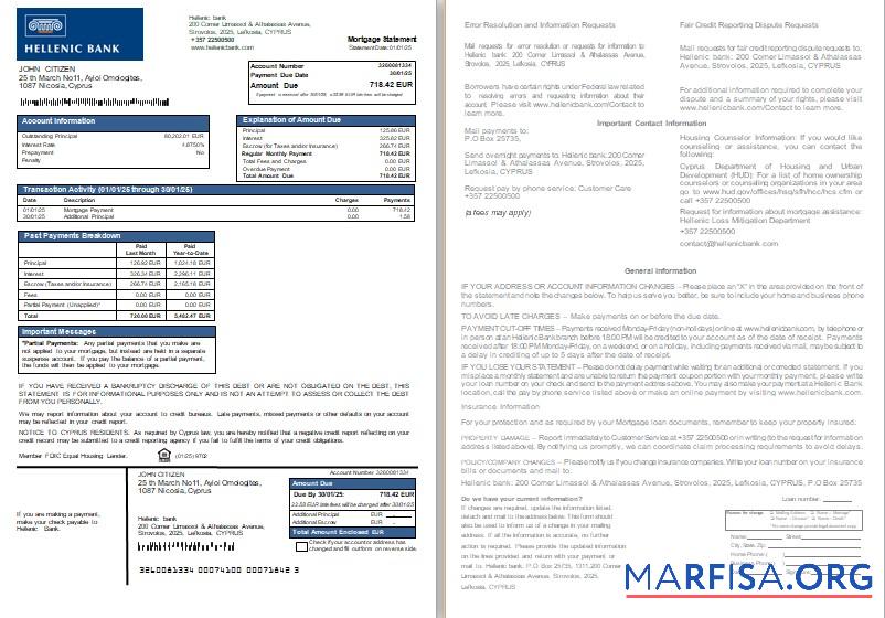 Printable Cyprus Hellenic bank mortgage statement, 2 pages, 1 2 scr download for verification